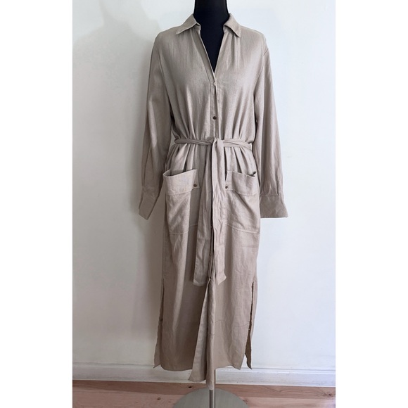 NWT Zara Linen Blend Long Sleeve Gold Buttondown Shirt Khaki Tan Midi Dress M - Picture 2 of 14